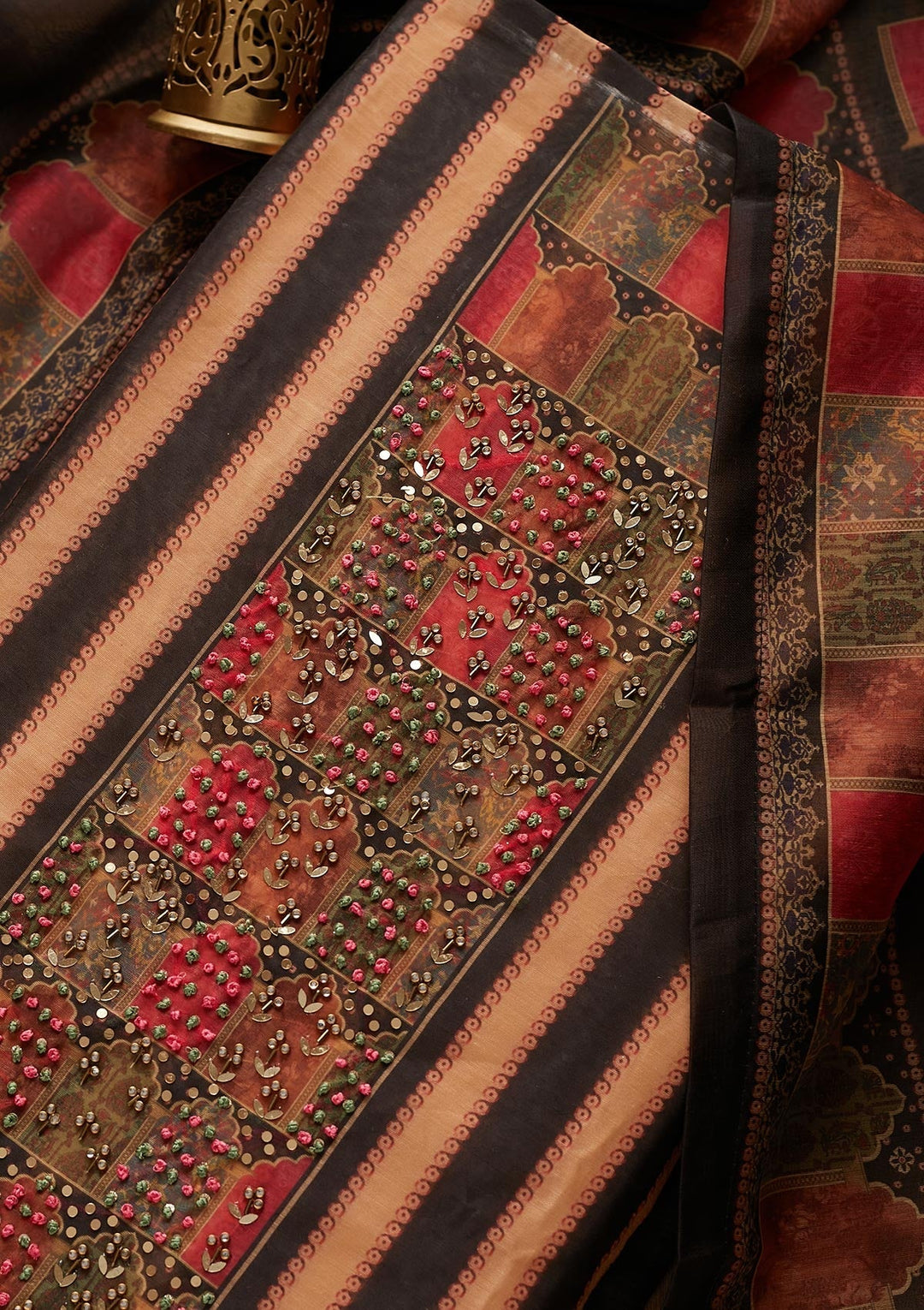 Gold Sequins Chanderi Designer Unstitched Salwar Suit - Koskii