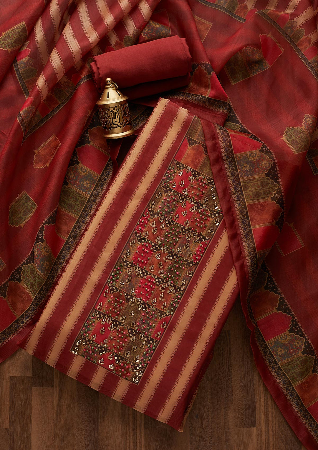 Maroon Sequins Chanderi Designer Unstitched Salwar Suit - Koskii
