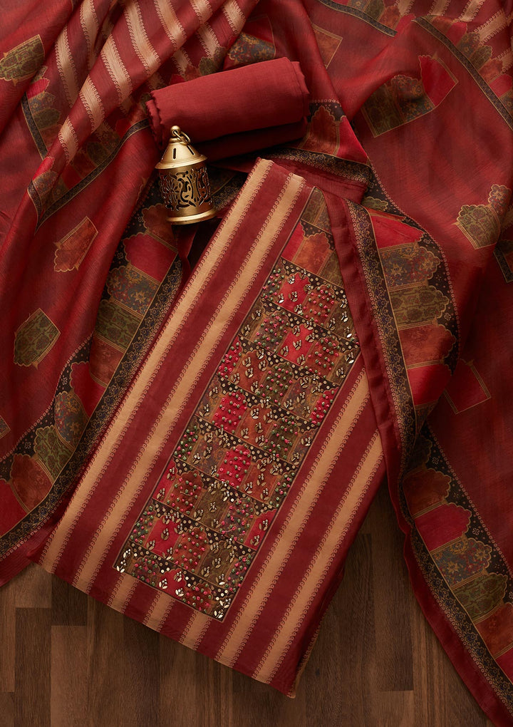 Maroon Sequins Chanderi Designer Unstitched Salwar Suit - Koskii