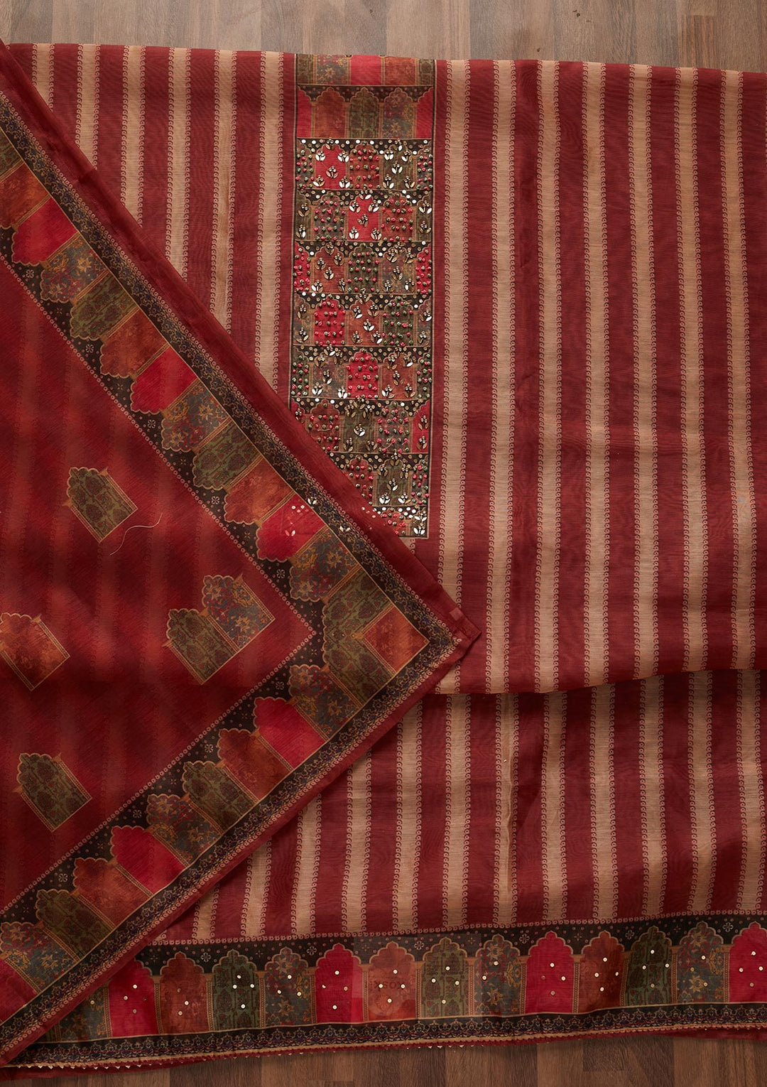 Maroon Sequins Chanderi Designer Unstitched Salwar Suit - Koskii