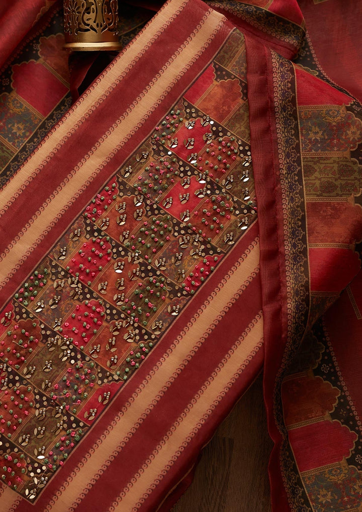 Maroon Sequins Chanderi Designer Unstitched Salwar Suit - Koskii