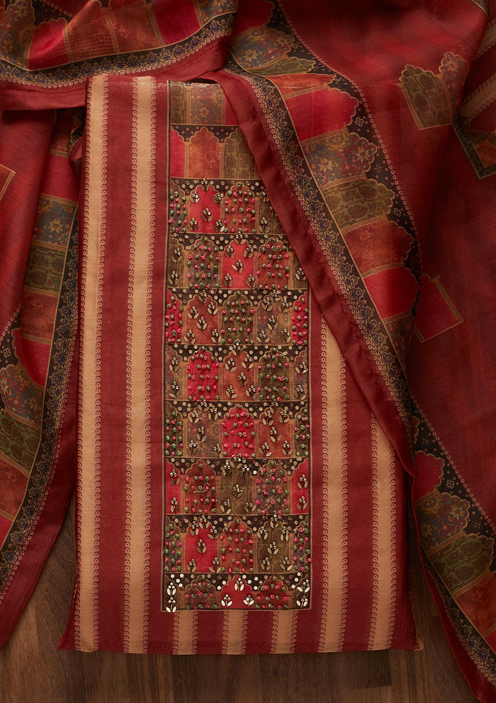 Maroon Sequins Chanderi Designer Unstitched Salwar Suit - Koskii