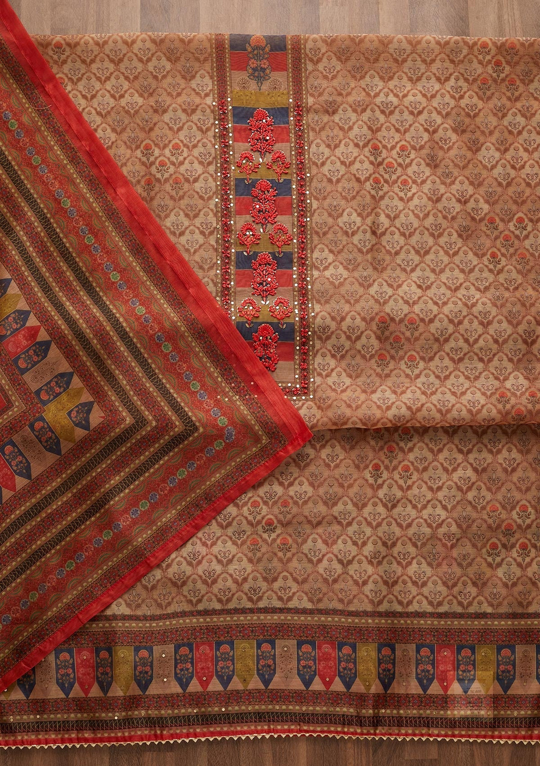 Gold Sequins Chanderi Unstitched Salwar Suit-Koskii