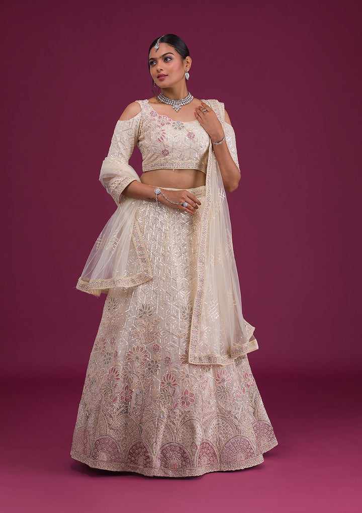 Gold Sequins Net Semi Stitched Lehenga-Koskii