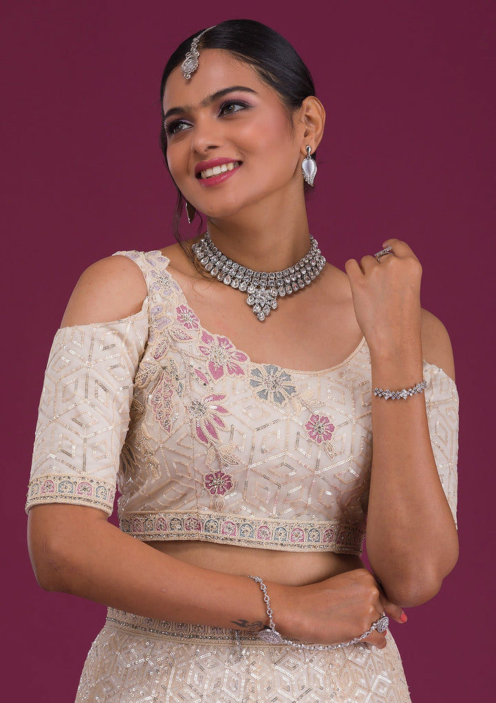 Gold Sequins Net Semi Stitched Lehenga-Koskii