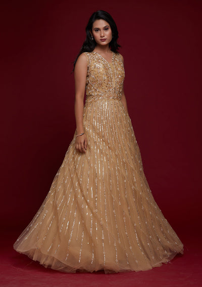 Gold Sequins Raw Silk Designer Gown - Koskii