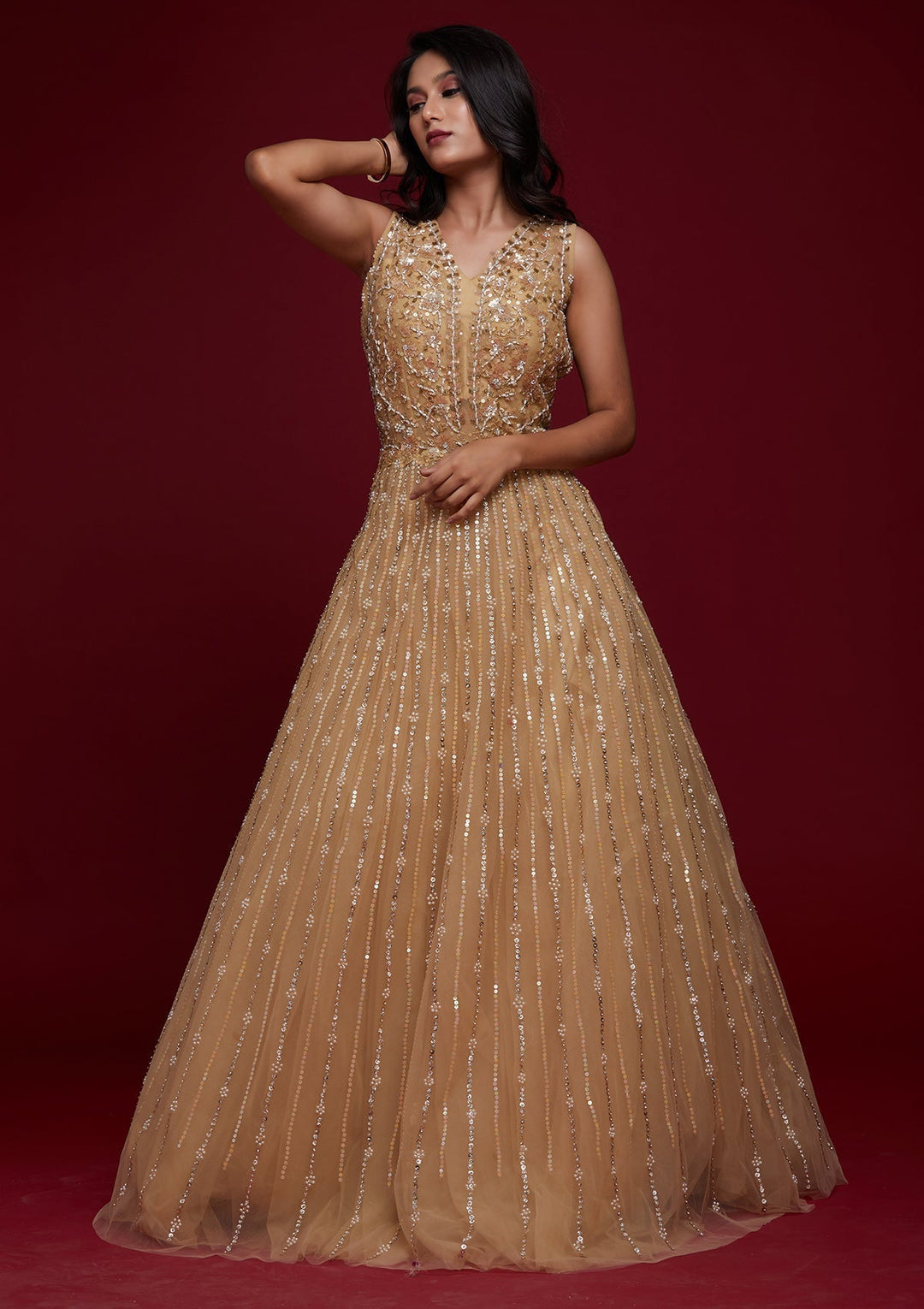 Gold Sequins Raw Silk Designer Gown - Koskii