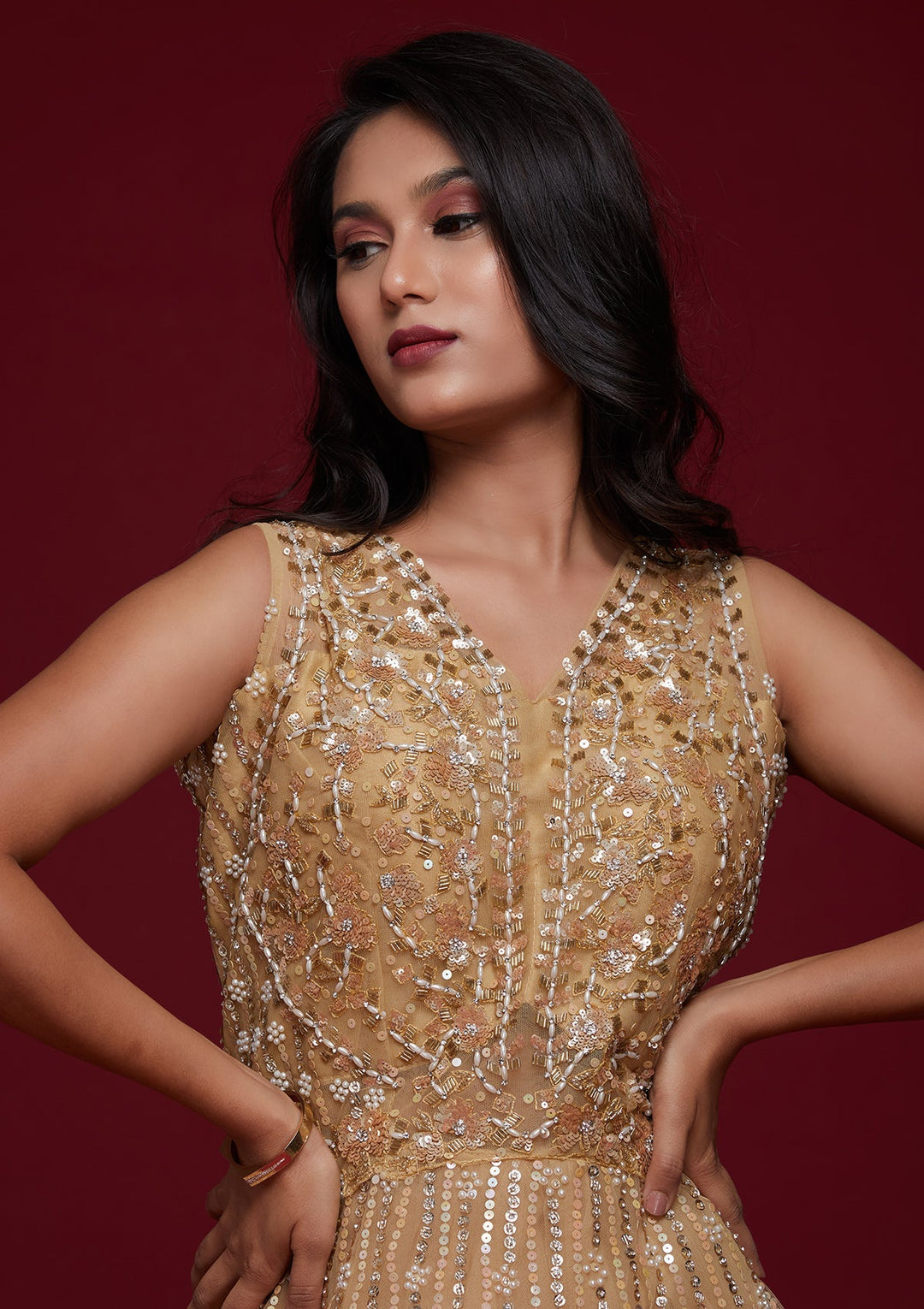 Gold Sequins Raw Silk Designer Gown - Koskii