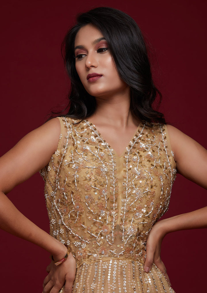Gold Sequins Raw Silk Designer Gown - Koskii