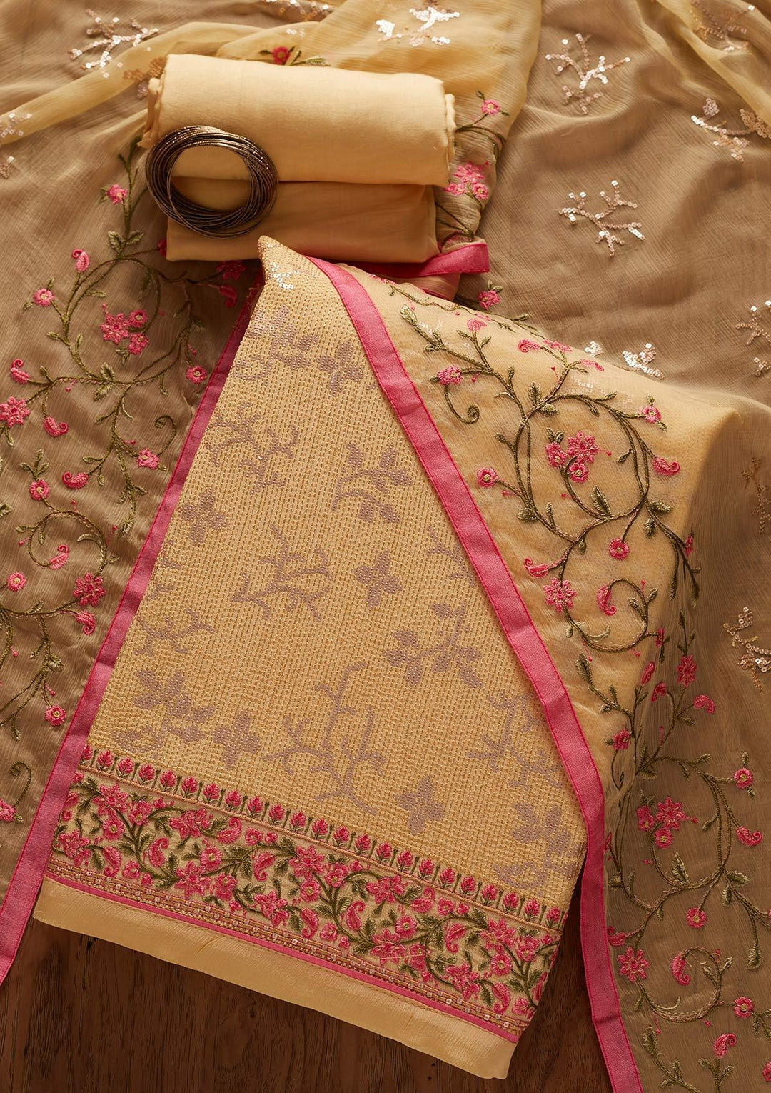 Gold Sequins Semi Crepe Designer Unstitched Salwar Suit - koskii