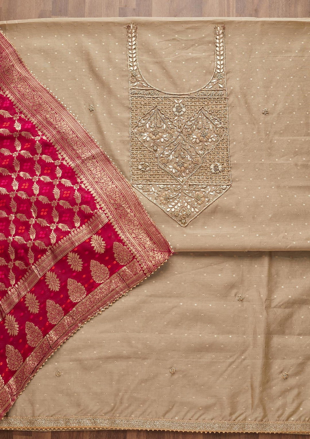 Gold Sequins Semi Crepe Unstitched Salwar Suit-Koskii