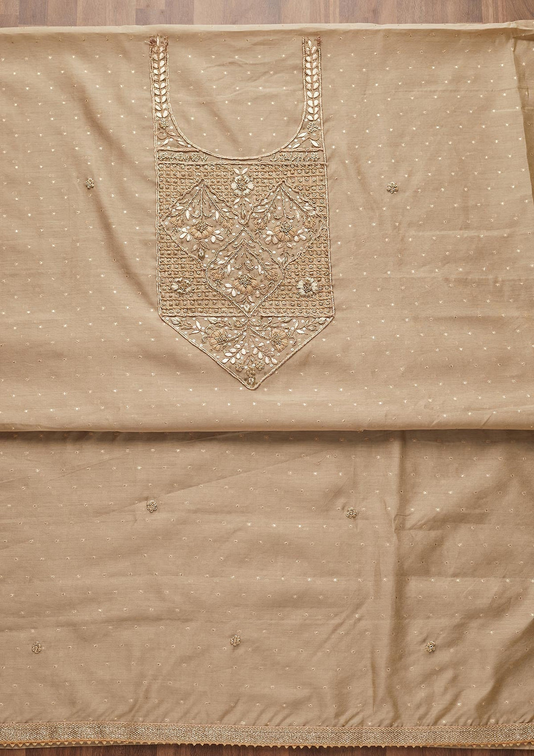 Gold Sequins Semi Crepe Unstitched Salwar Suit-Koskii