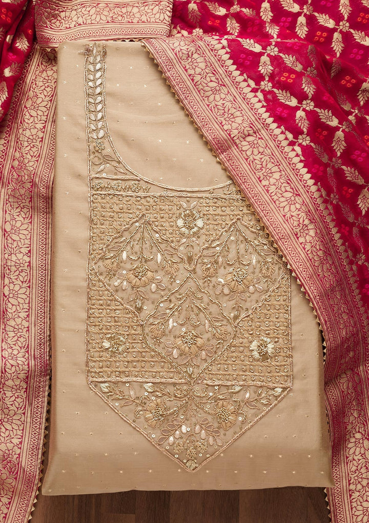 Gold Sequins Semi Crepe Unstitched Salwar Suit-Koskii