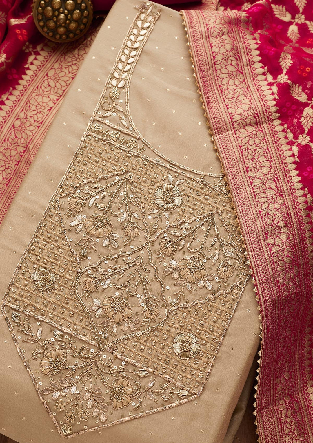 Gold Sequins Semi Crepe Unstitched Salwar Suit-Koskii