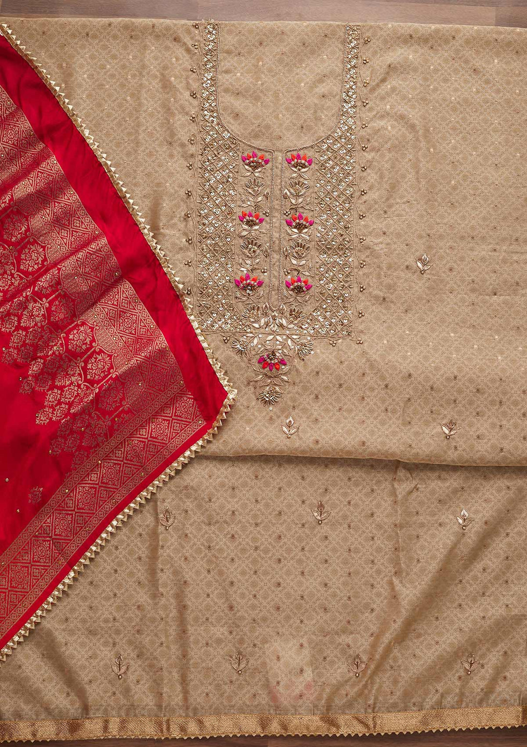 Gold Sequins Semi Crepe Designer Unstitched Salwar Suit - Koskii