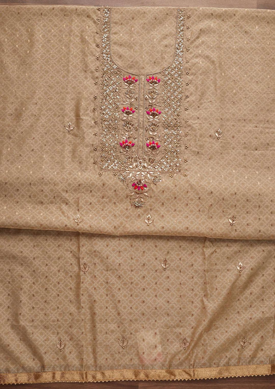 Gold Sequins Semi Crepe Designer Unstitched Salwar Suit - Koskii