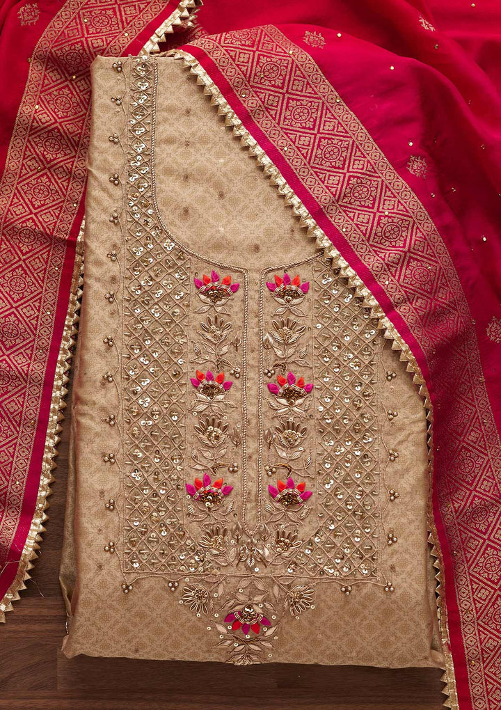 Gold Sequins Semi Crepe Designer Unstitched Salwar Suit - Koskii