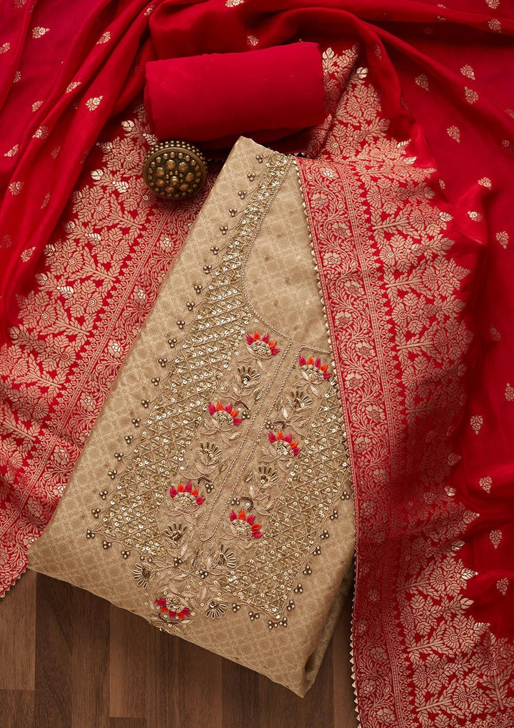 Gold Sequins Semi Crepe Unstitched Salwar Suit-Koskii