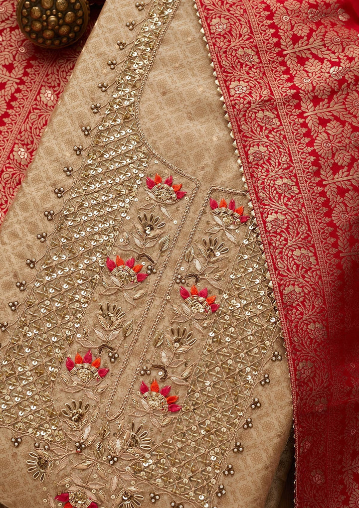 Gold Sequins Semi Crepe Unstitched Salwar Suit-Koskii