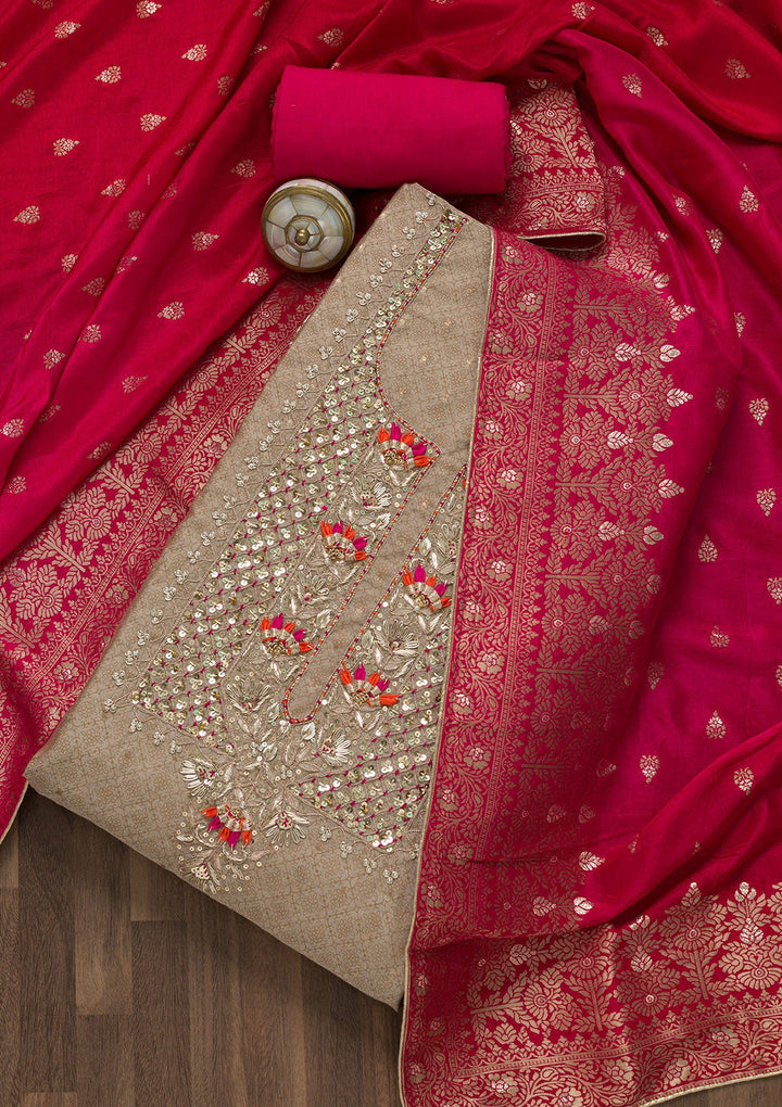 Gold Sequins Semi Crepe Unstitched Salwar Suit-Koskii