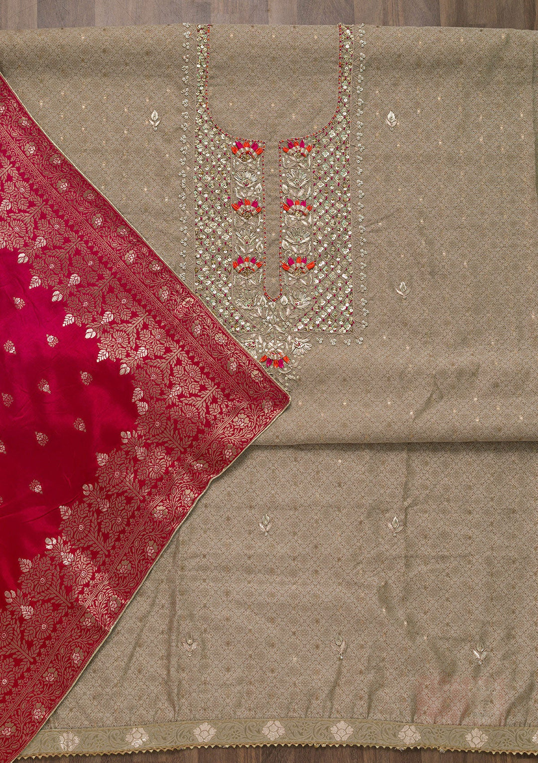 Gold Sequins Semi Crepe Unstitched Salwar Kameez-Koskii