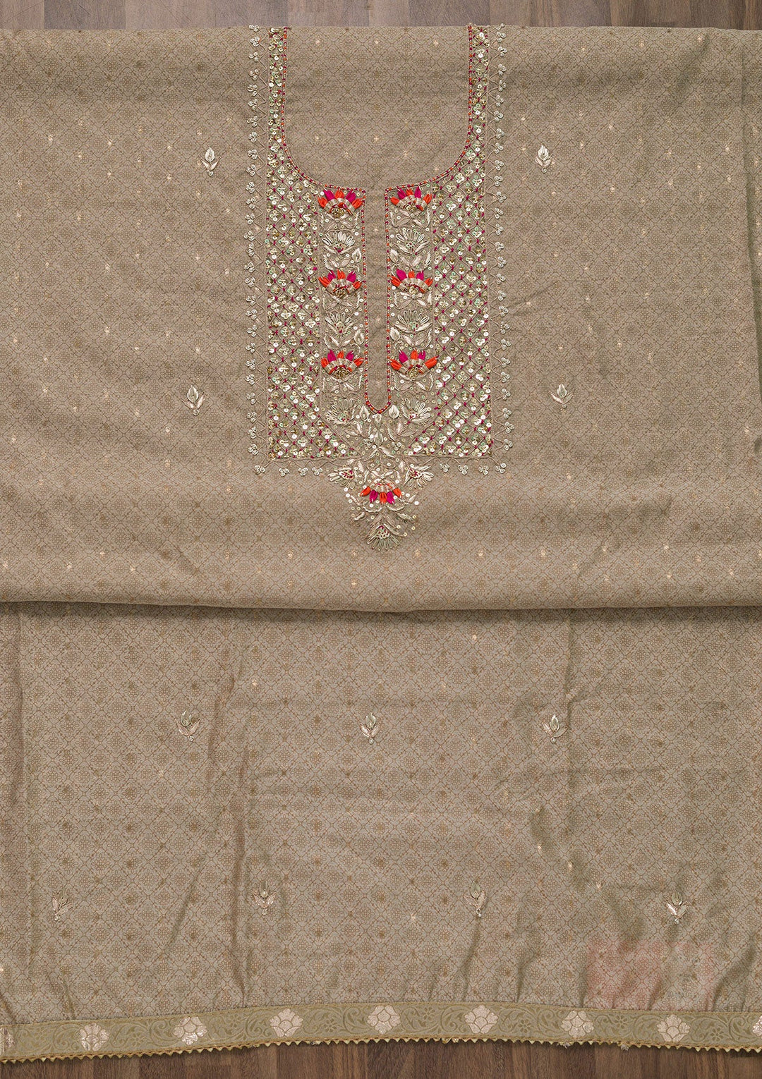 Gold Sequins Semi Crepe Unstitched Salwar Kameez-Koskii