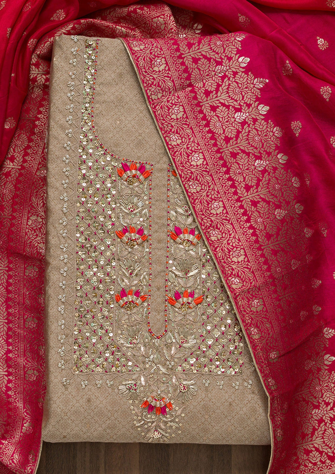 Gold Sequins Semi Crepe Unstitched Salwar Kameez-Koskii