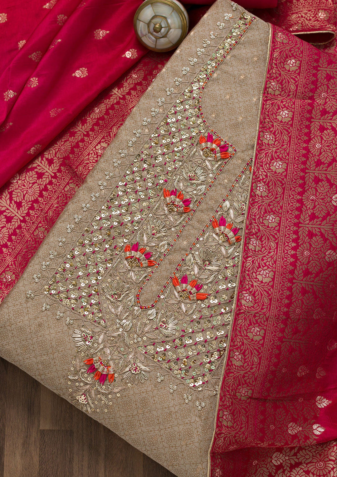 Gold Sequins Semi Crepe Unstitched Salwar Kameez-Koskii