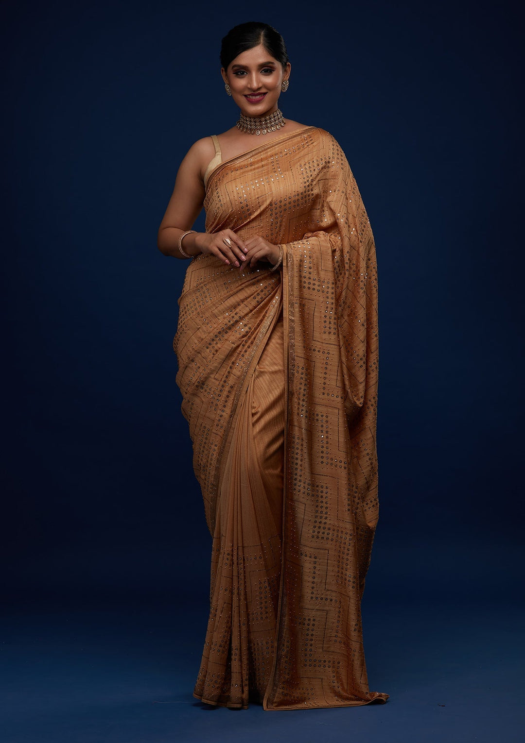 Gold Sequins Semi Crepe Designer Saree - Koskii
