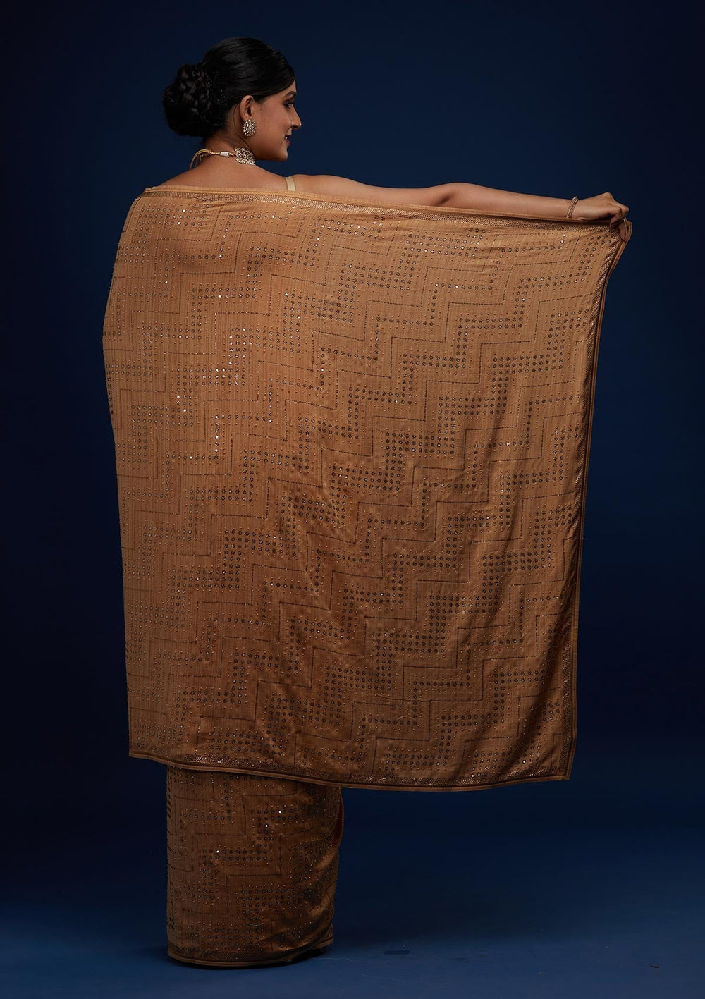 Gold Sequins Semi Crepe Designer Saree - Koskii
