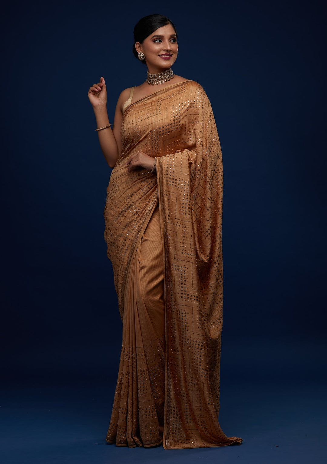 Gold Sequins Semi Crepe Designer Saree - Koskii