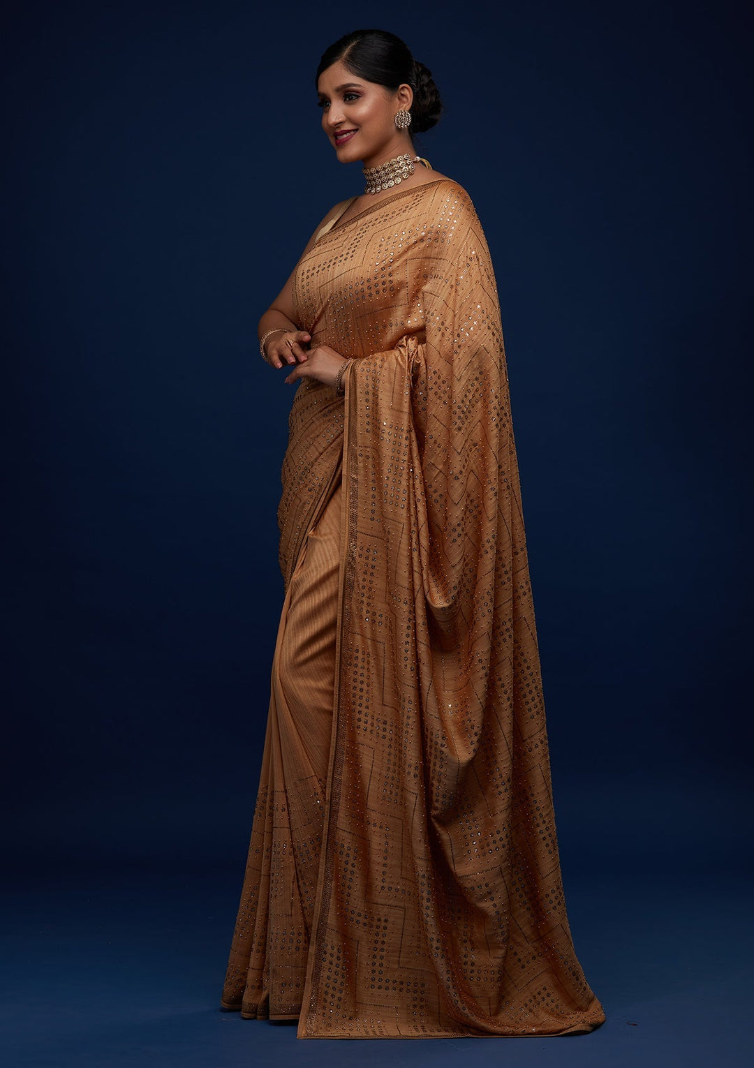 Gold Sequins Semi Crepe Designer Saree - Koskii