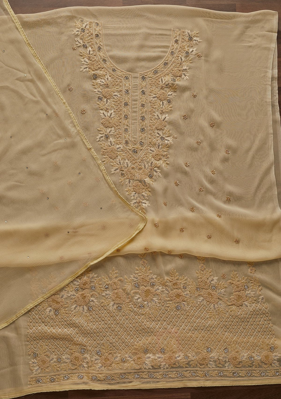 Gold Silver Stonework Georgette Designer Unstitched Salwar Suit - Koskii