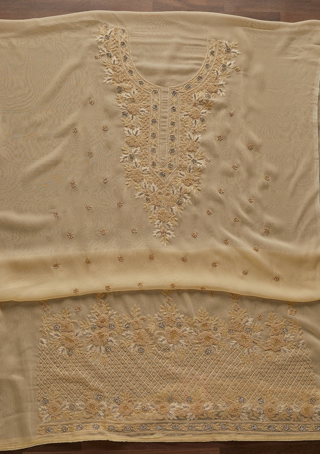 Gold Silver Stonework Georgette Designer Unstitched Salwar Suit - Koskii