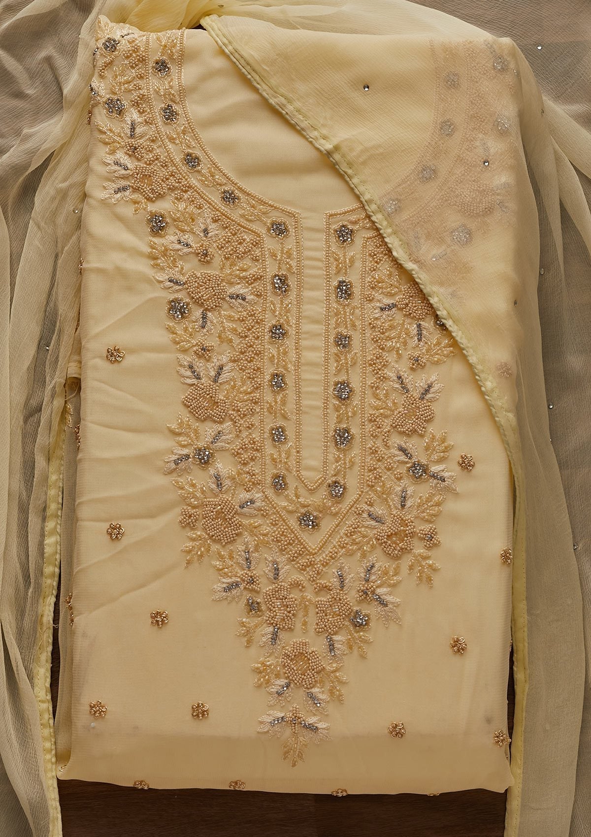 Gold Silver Stonework Georgette Designer Unstitched Salwar Suit - Koskii