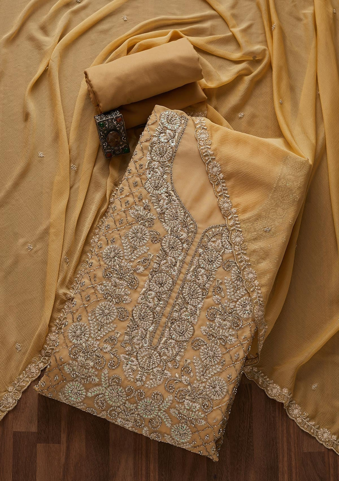 Gold Silver Stonework Georgette Designer Unstitched Salwar Suit - Koskii