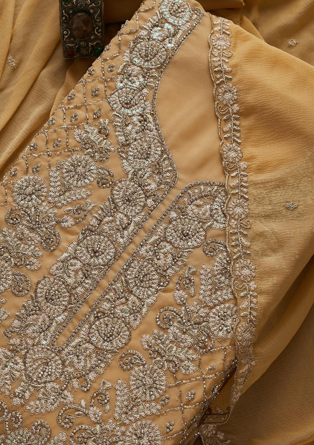 Gold Silver Stonework Georgette Designer Unstitched Salwar Suit - Koskii