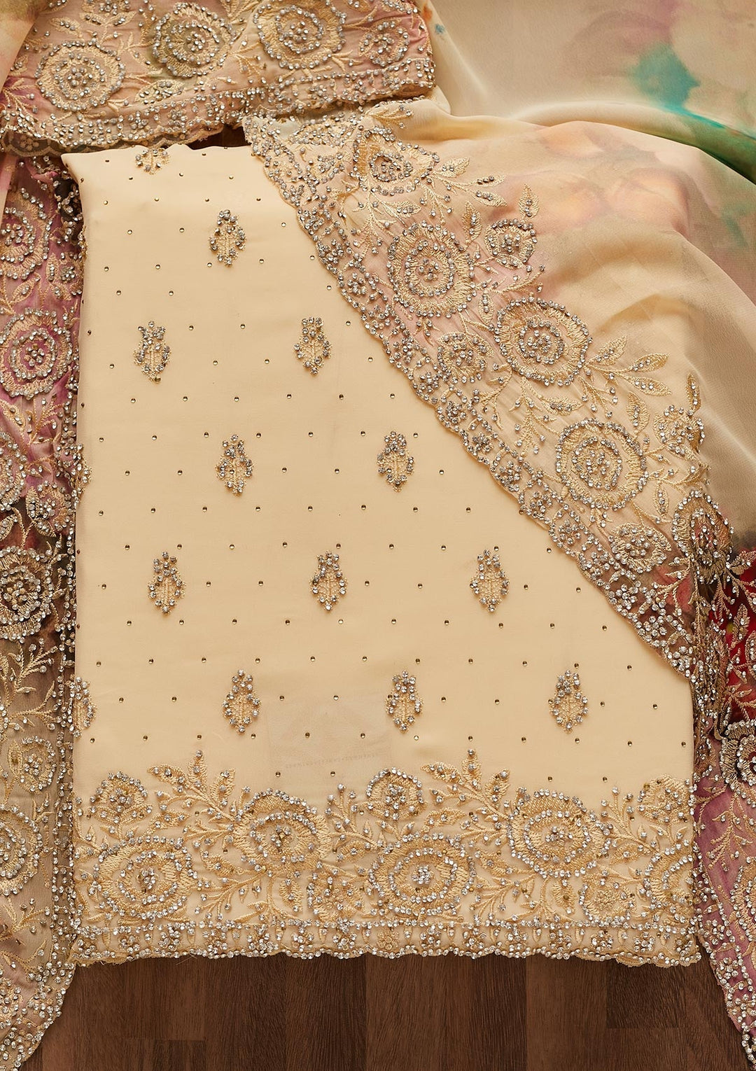 Gold Silver Stonework Georgette Unstitched Salwar Suit-Koskii