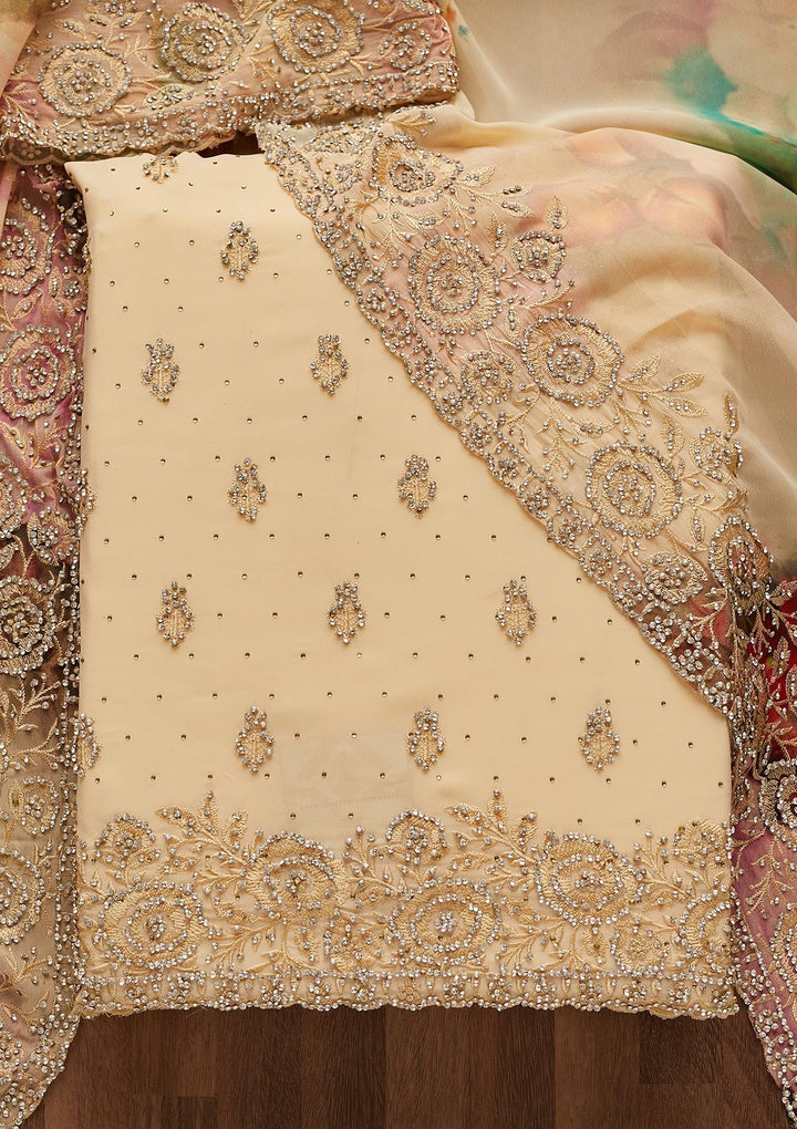 Gold Silver Stonework Georgette Unstitched Salwar Suit-Koskii