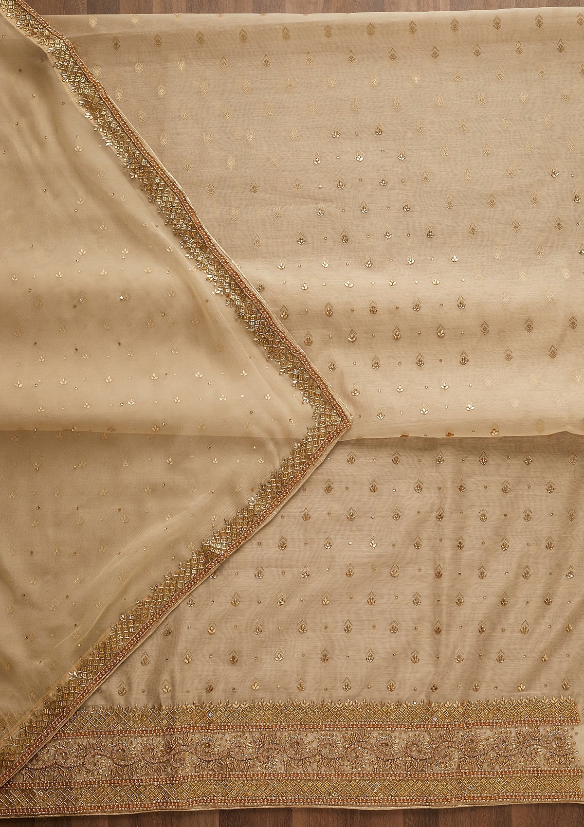 Gold Silver Stonework Raw Silk Unstitched Salwar Suit-Koskii