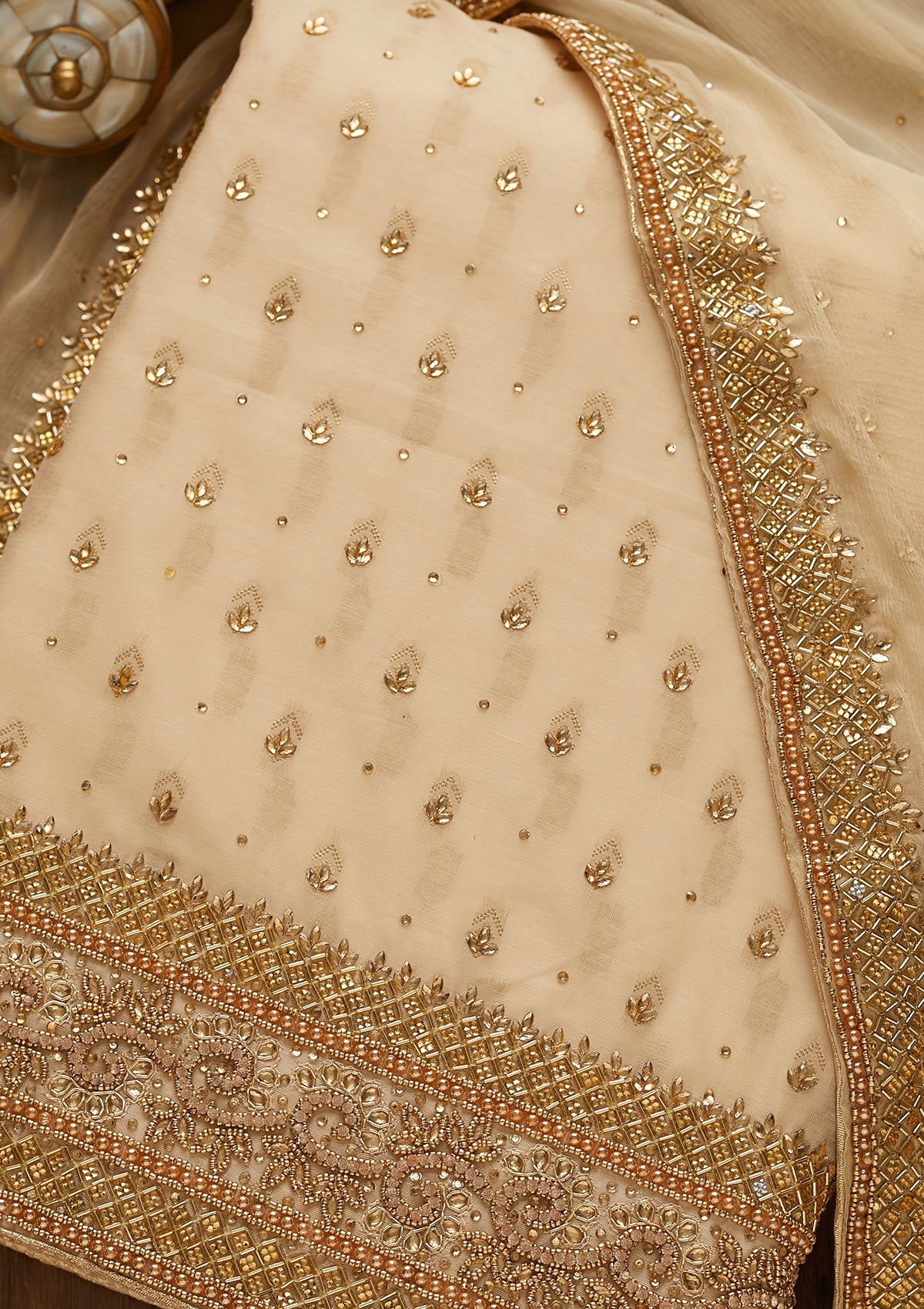 Gold Silver Stonework Raw Silk Unstitched Salwar Suit-Koskii