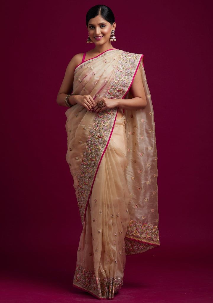 Gold Silver Stonework Tissue Designer Saree - koskii