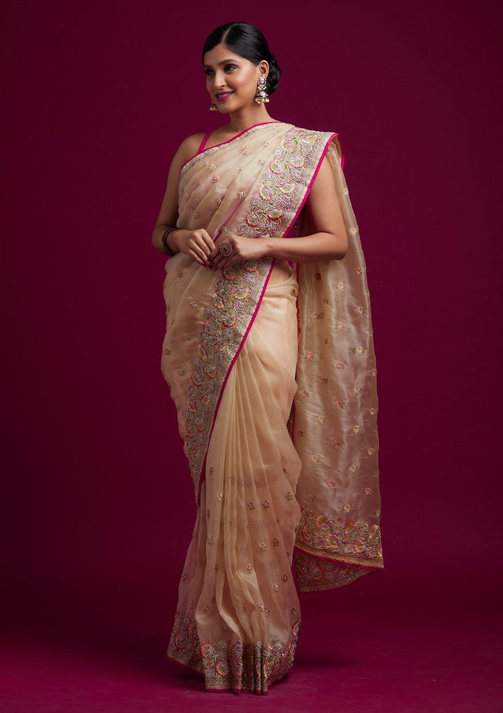 Gold Silver Stonework Tissue Designer Saree - koskii