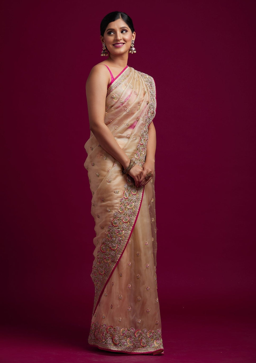 Gold Silver Stonework Tissue Designer Saree - koskii