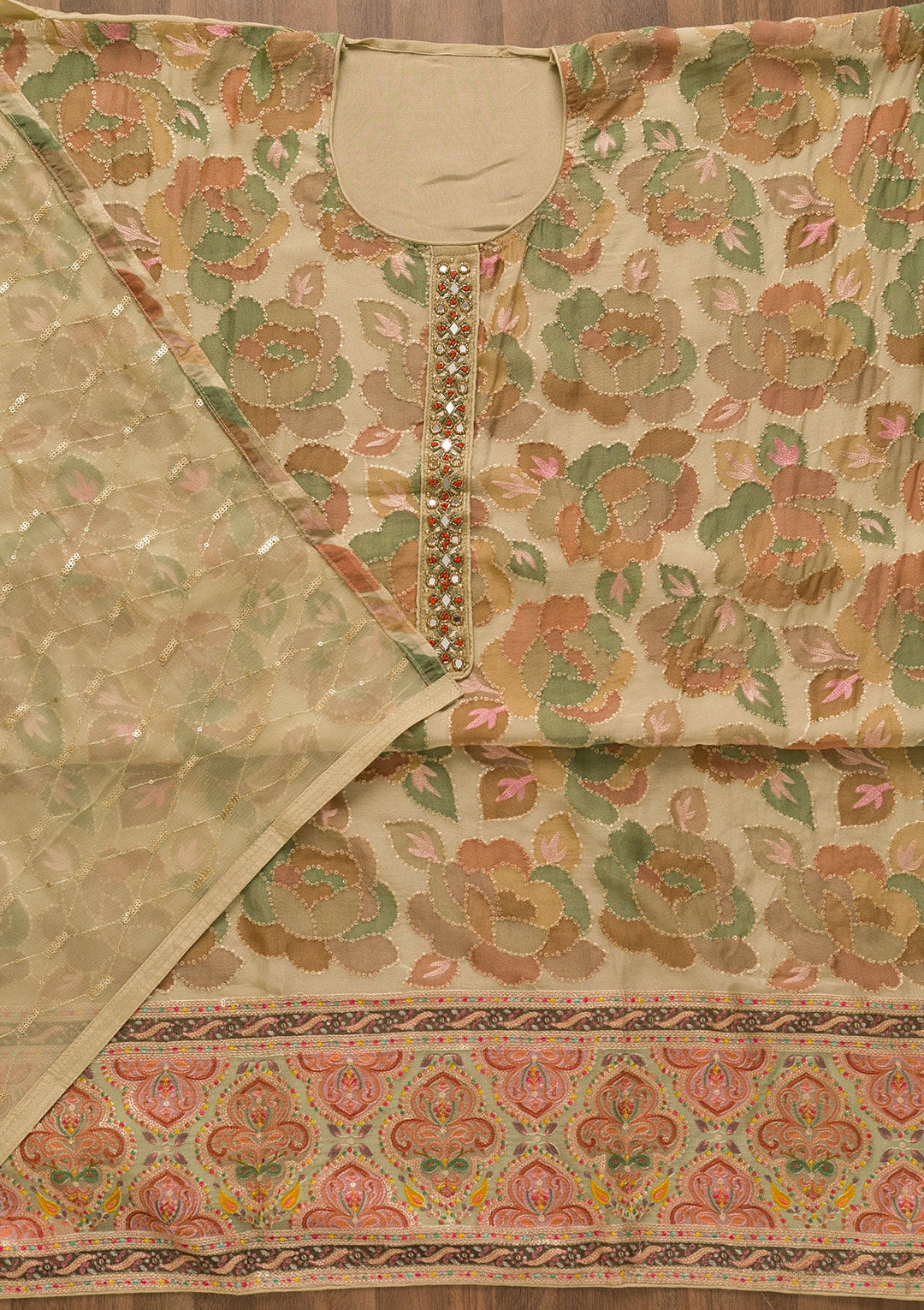 Gold Siquens Georgette Unstitched Salwar Kameez-Koskii