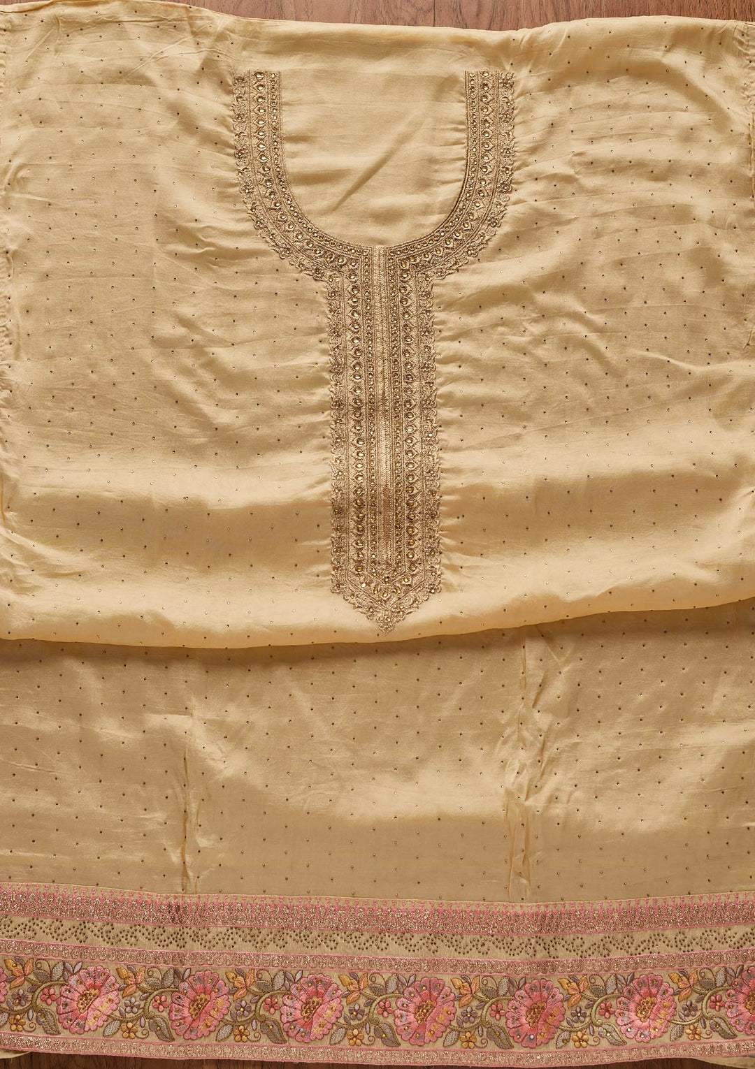 Gold Stonework Art Silk Designer Unstitched Salwar Suit - koskii