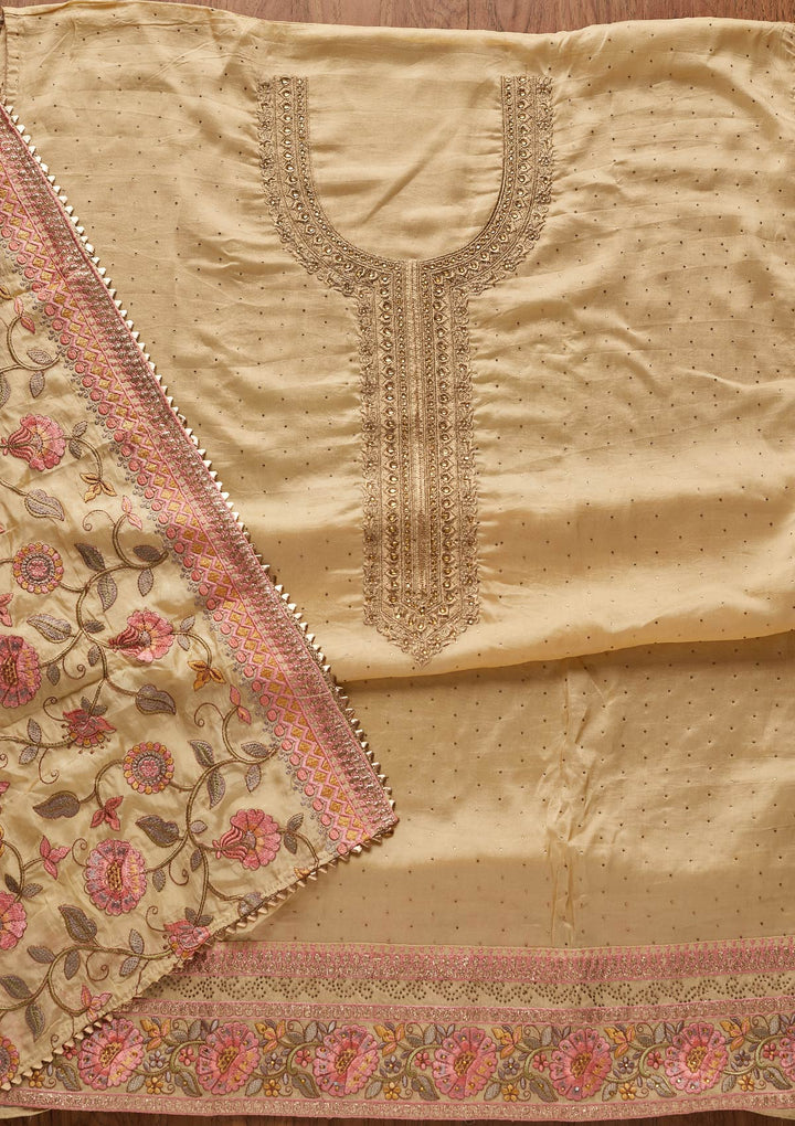 Gold Stonework Art Silk Designer Unstitched Salwar Suit - koskii