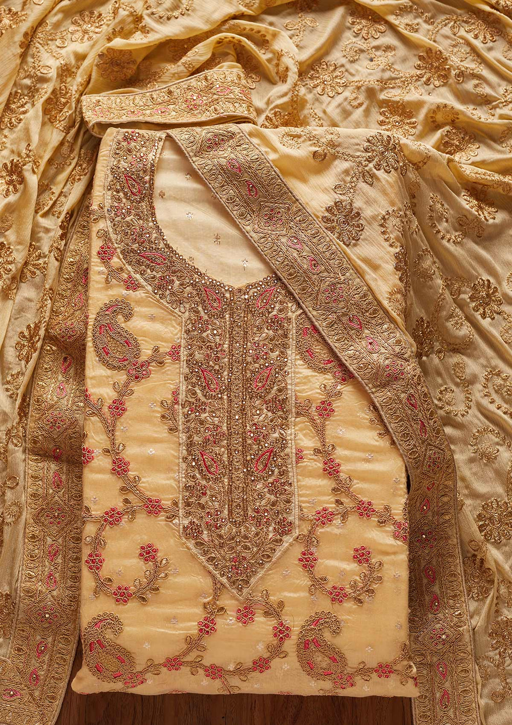 Gold Stonework Chanderi Designer Unstitched Salwar Suit - koskii
