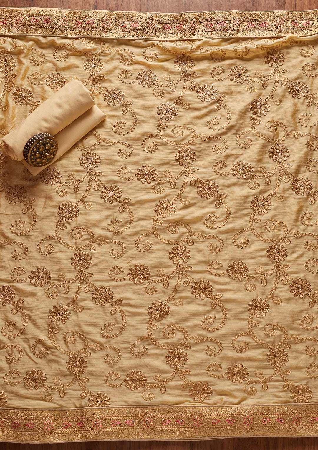 Gold Stonework Chanderi Designer Unstitched Salwar Suit - koskii