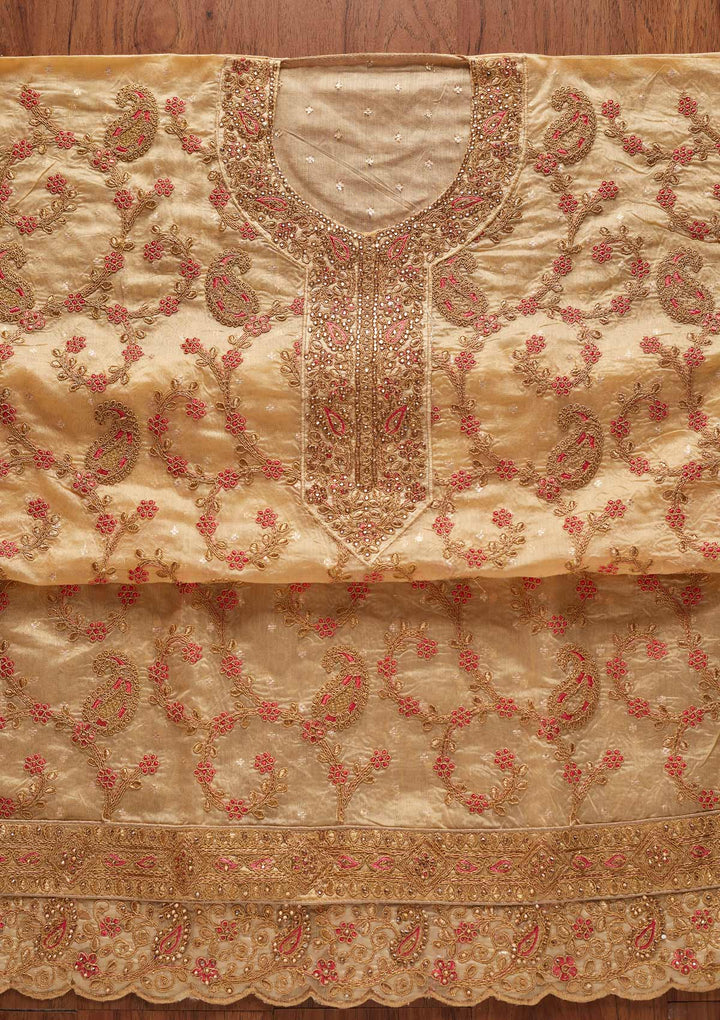Gold Stonework Chanderi Designer Unstitched Salwar Suit - koskii